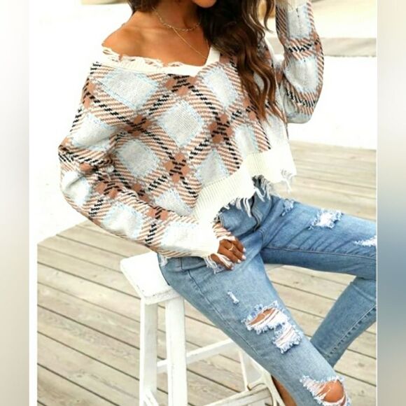 Just Polly Plaid Cropped Sweater Sz M Oversized Boxy Knit V-Neck Grunge Top - Picture 5 of 10